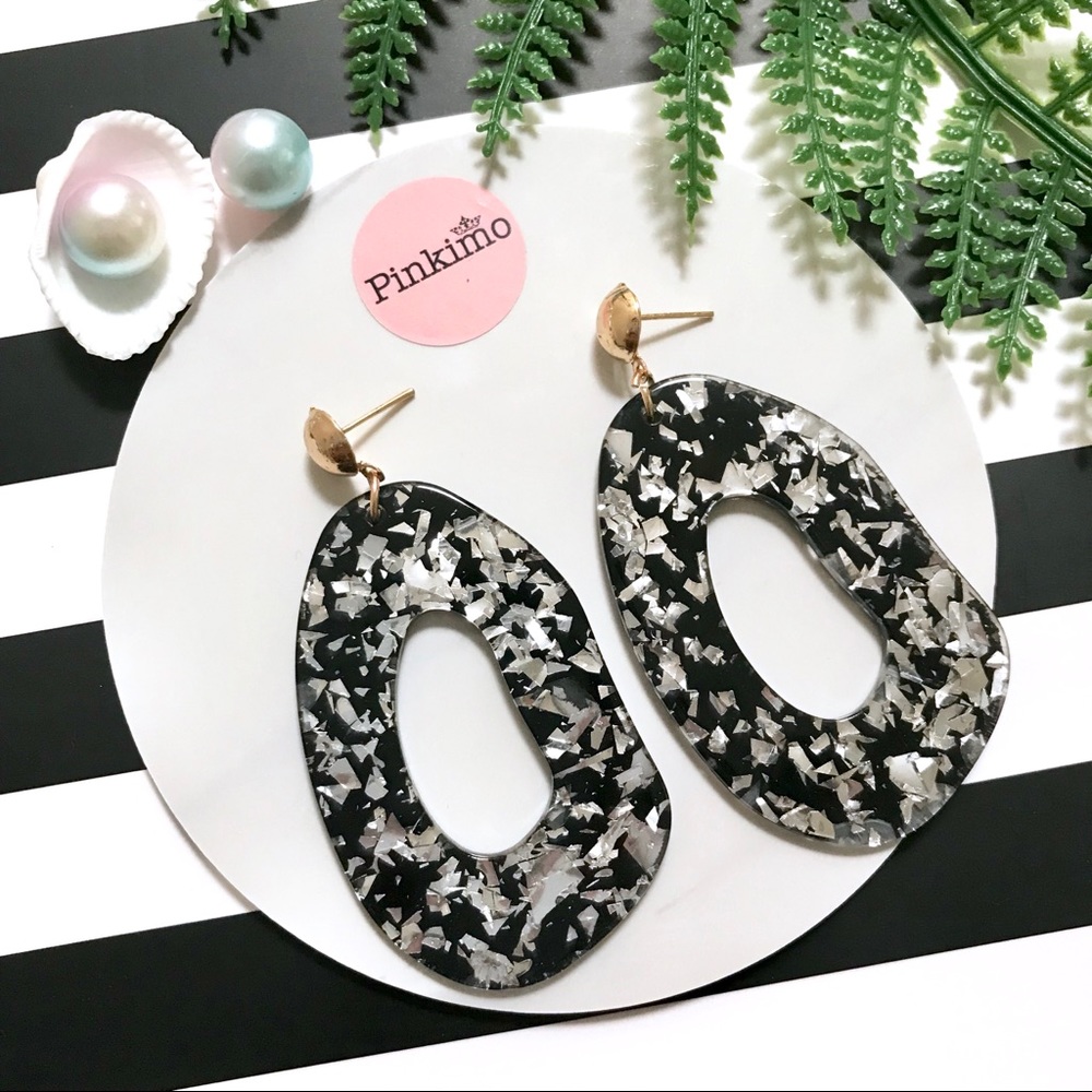 Sparkling Silver Foil Black Acrylic Earrings